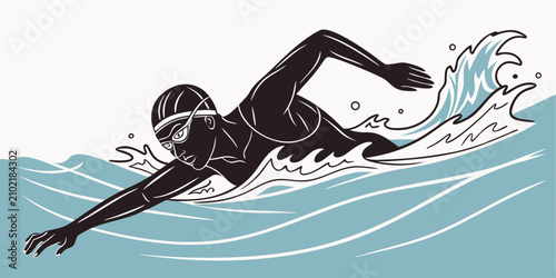 Tableau sur toile Black silhouette swimmer performing freestyle stroke in blue water swimming