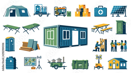 Disaster Relief and Humanitarian Aid Flat Vector Icons Set. Emergency Response, Temporary Shelter  Aid Supplies Illustration.