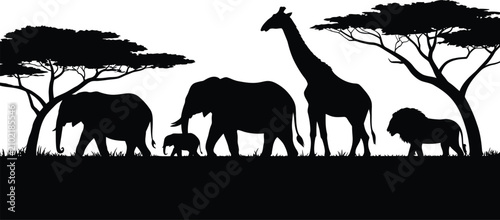Photography African Safari Wildlife Silhouette Vector Illustration Featuring Elephant Giraff