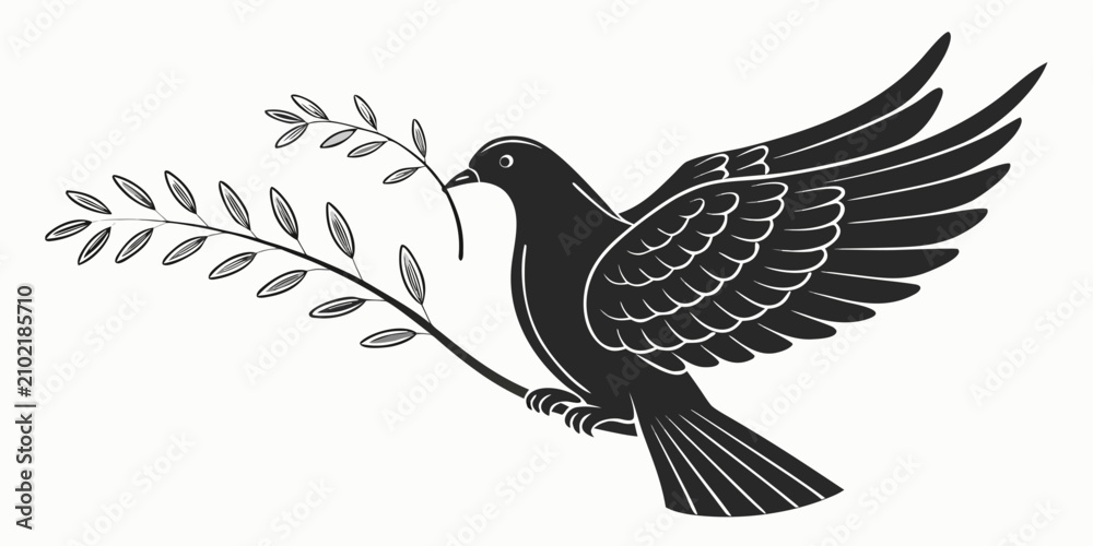 Fototapeta premium Black of peace dove with outstretched wings and olive branch black silhouette bird