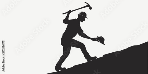 Fotografía Black silhouette of construction worker carrying heavy concrete block laborer