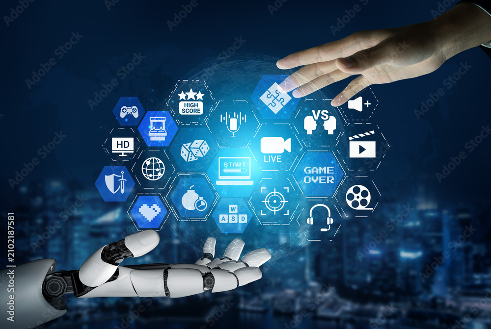 Fototapeta premium Artificial intelligence supports gaming by enhancing gameplay, powering esports analytics, and optimizing online game streaming for players and communities. Entice