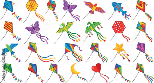 Big collection of colorful flying kites with ribbons in various fun geometric animal and fantasy shapes vector illustrations