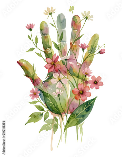 Botanical Anatomy Palm – Delicate Floral Watercolor in Green Pink Cutout png on transparent background