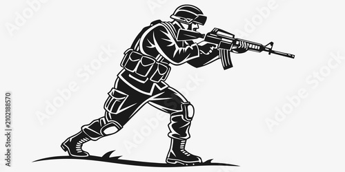 Foto Black silhouette of soldier in combat stance holding assault rifle military unif