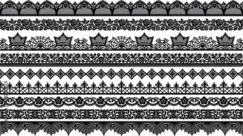 Big collection of black gothic lace borders ornate seamless trims vintage filigree ribbons and elegant fabric pattern elements
