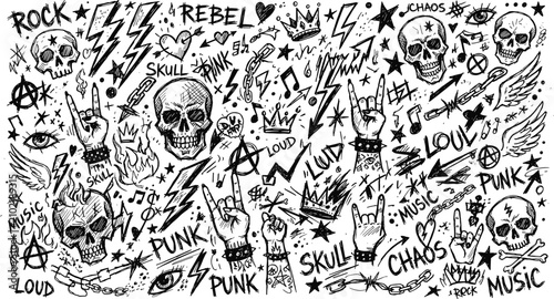 Fotografie Black And White Hand Drawn Punk Rock Doodle Set With Skulls, Lightning, Rock Han
