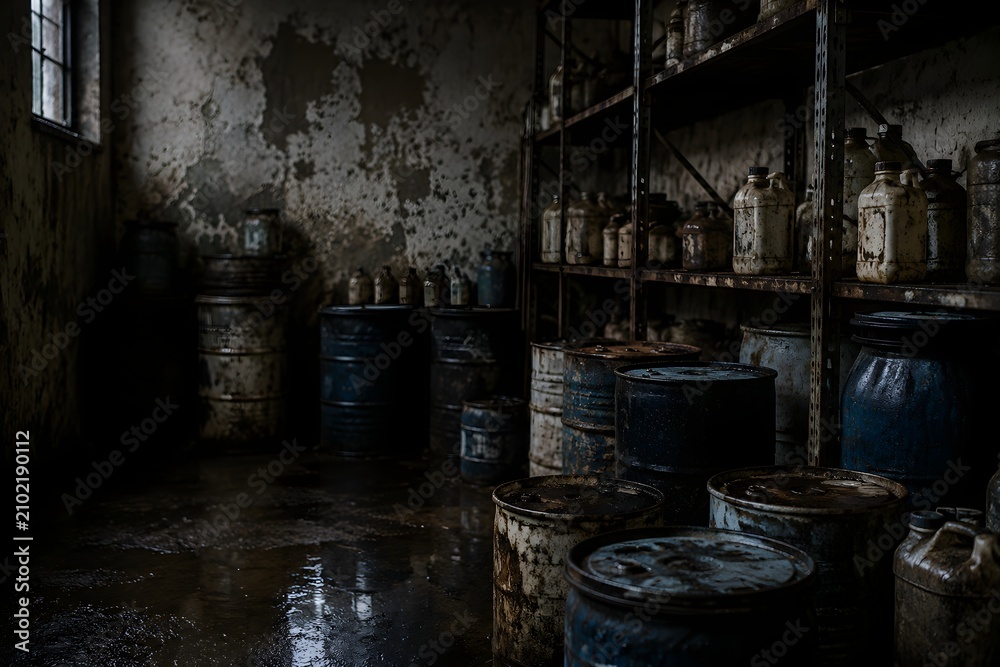 Fototapeta premium Forgotten Chemical Storage Room Reveals Aging Drums Rusted Shelving Stained Floors and Dim Natural Light