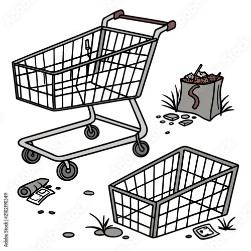 Foto Empty shopping carts tossed aside with scattered coins and wilted flowers discar