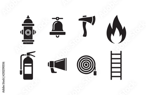 Fire hydrant bell axe flame extinguisher megaphone hose ladder icons set safety warning.