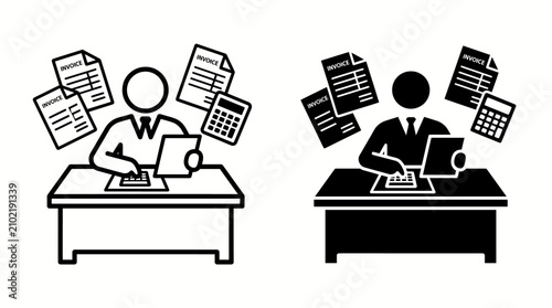 Set of accountant or office worker icons with documents and calculator.