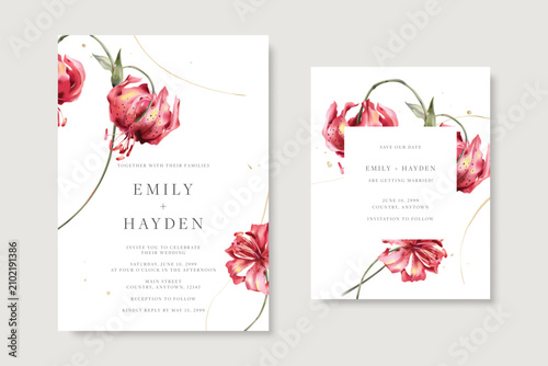 Elegant wedding invitation and save the date template card set with watercolo...