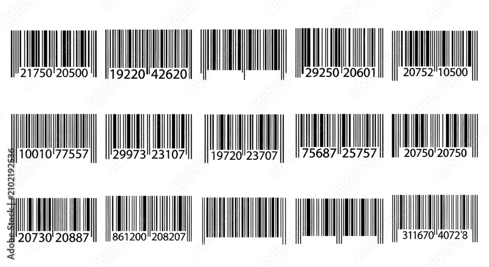 Fototapeta premium Multiple linear barcode strips arranged in a grid with numeric codes.