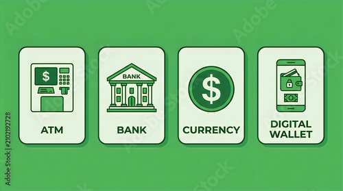 Four financial icons with green background