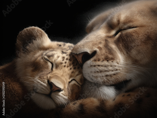 Big panther and baby lion cuddle with open eyes close up fur detail warm light black background emotional bond family love wildlife nature