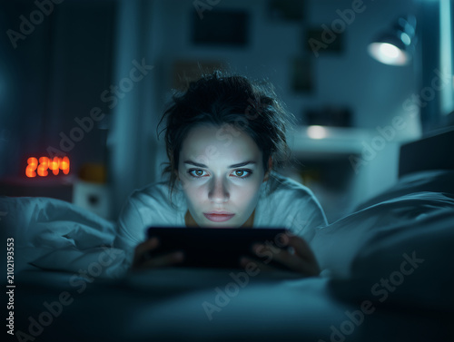 Young woman lying in bed at night using tablet illuminated by screen light focused expression digital device late hour cozy bedroom insomnia technology lifestyle