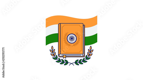 Indian Constitution Book with National Flag and Laurel Wreath Emblem