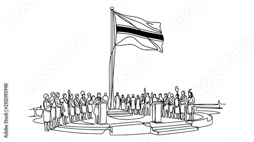 People Gathered Around Flagpole for Ceremony, One Line Drawing Illustration