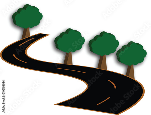 3D Curved Road with Green Trees Landscape Icon, Winding Highway Nature Route, Isometric Travel and Park Illustration with Transparent Background