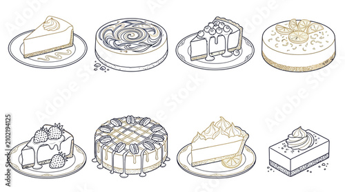 Schilderij op canvas Collection of delicious cheesecakes and desserts, hand-drawn line art illustrations
