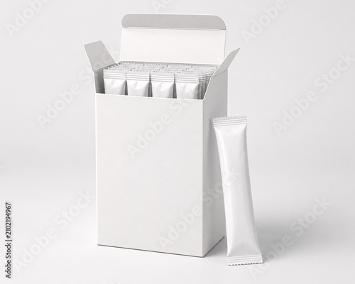 Blank white open cardboard packaging box filled with stick sachets mockup