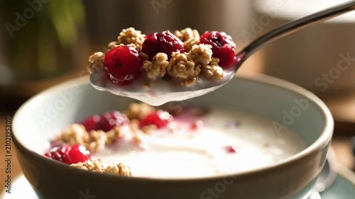 Spoon lifting yogurt granola and berries from a bowl