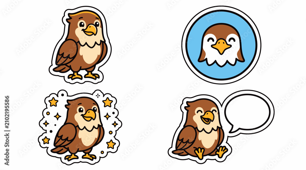 Fototapeta premium Cute cartoon eagle sticker set collection.