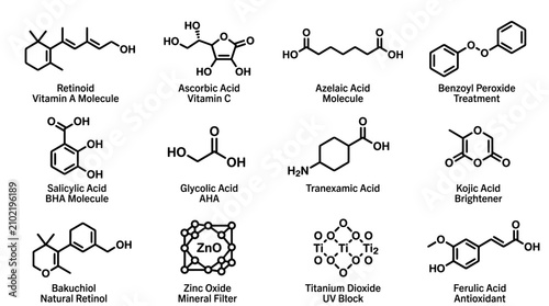 Chemical structure formulas of popular skincare and cosmetic active ingredients.