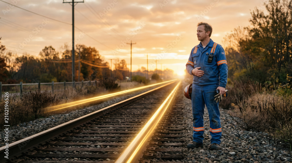 Obraz premium Railway Technician Contemplates Future on Tracks at Sunset