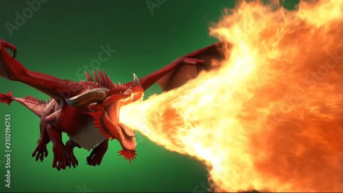 Majestic red flying dragon breathing fire in a dark green sky