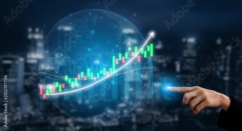 Canvas Print A business professional points at an evolving graph symbolizing growth and success, set against a stunning city backdrop, showcasing modern finance and innovation