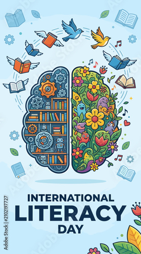 Split brain illustration for International Literacy Day education.