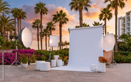 Photoshoot Setup at Scenic Outdoor Location with Palm Trees and Colorful Background at Sunset