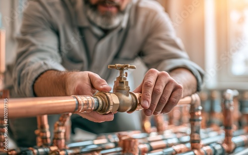 Close-Up of Technician Servicing Residential Plumbing System with Copper Pipes and Valves