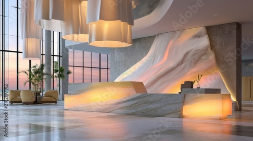 Modern Premium Resort Lobby Design Featuring Elegant Lighting and Stylish Decor Elements