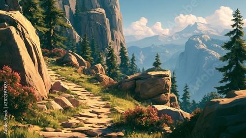 Scenic Hiking Pathway Through Rocky Terrain with Lush Vegetation and Majestic Mountain Views