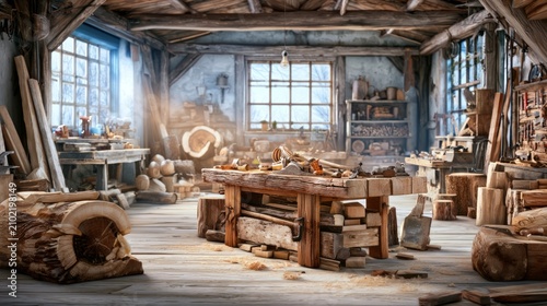 Rustic Woodworking Workshop with Handcrafted Furniture and Tools for Crafting and Design Projects