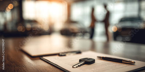 The image is blurred as two people hold hands in a luxury car showroom. This concept is related to buying, selling, or leasing cars