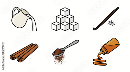 Set of hand drawn coffee and baking ingredients illustrations.