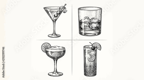 Set of hand drawn cocktail glasses with alcoholic drinks.