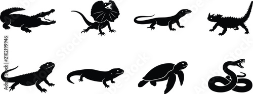 Konstfotografi Black silhouette vector icon set of Australian reptiles featuring crocodile snak