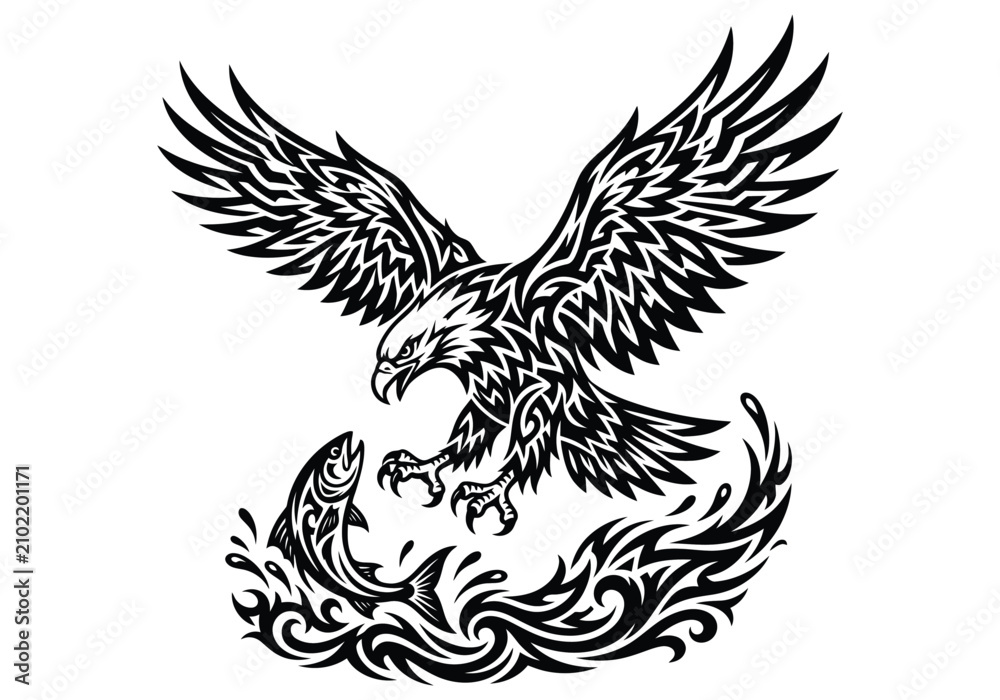 Obraz premium Majestic Fierce Eagle Hunting for Fresh Fish in Splashing Water Dynamic Action Pose Symbolizing Power Predation Nature Wildlife Wild Freedom Flight Talons Catching Prey Aquatic Movement Aerial