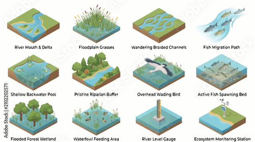 Isometric icons of wetlands, rivers, and water management systems.