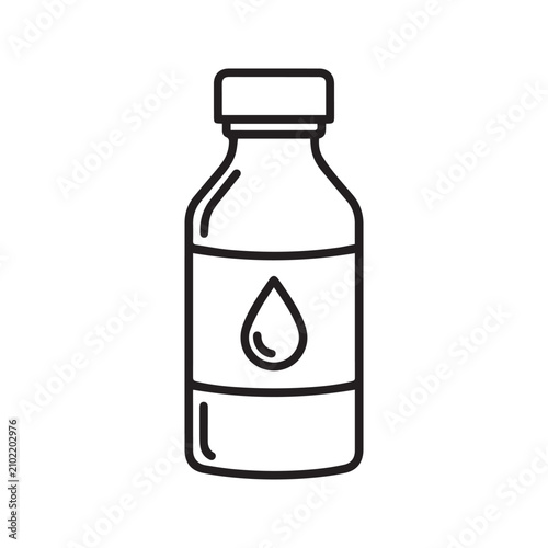 Medicine liquid bottle with water drop icon in flat line art vector style.