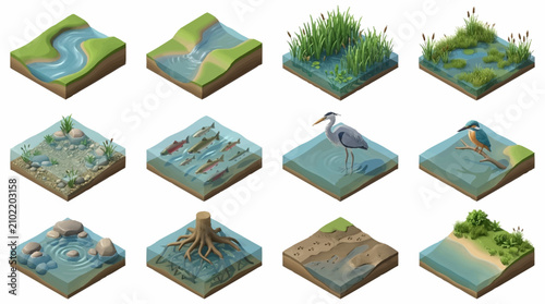 Isometric illustrations of diverse natural landscapes and terrains.