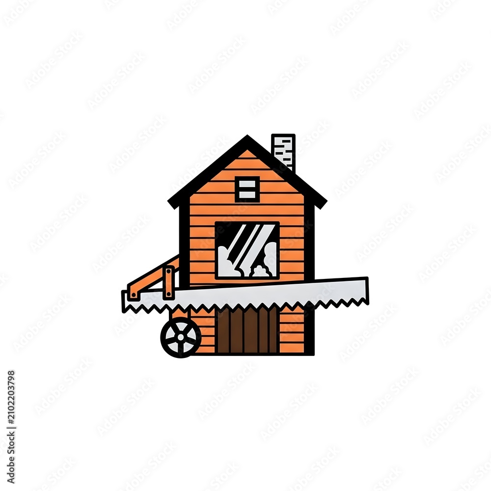 Fototapeta premium Sawmill vector icon of a wooden house and a large hand saw