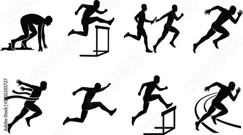 Schilderij op canvas Collection of black silhouette track and field athletes sprinting, jumping hurdl