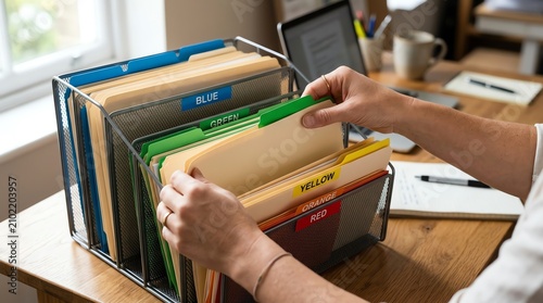 Close-up of hands meticulously sorting and arranging color-coded file folders, bringing order to documents in a home office
