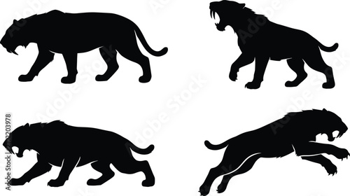 Photography Collection of black silhouettes of prehistoric saber-toothed tigers in various p