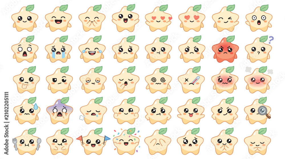 Fototapeta premium Cute Star Character Emoticons Set Featuring Various Facial Expressions and Emotional Reactions